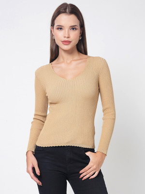 KALT Self Design V Neck Casual Women Brown Sweater