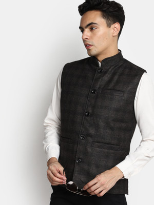 V-MART Checkered Round Neck Casual Men Brown, Brown Sweater