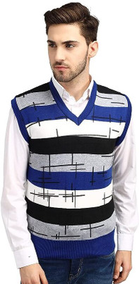 ANIXA Colorblock V Neck Casual Men Blue Sweater