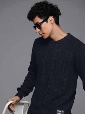 WROGN Self Design Round Neck Casual Men Blue Sweater