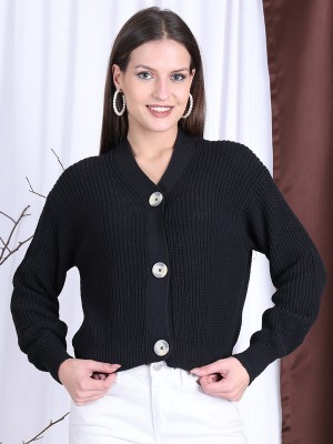 NEUDIS Solid V Neck Casual Women Black Sweater