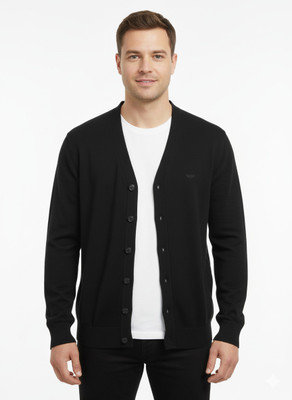 VOMAZO Solid V Neck Formal Men Black Sweater