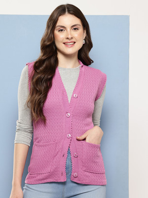 MUHURATAM Woven V Neck Casual Women Pink Sweater