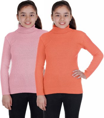 100LUCK Self Design High Neck Casual Boys & Girls Pink, Orange Sweater