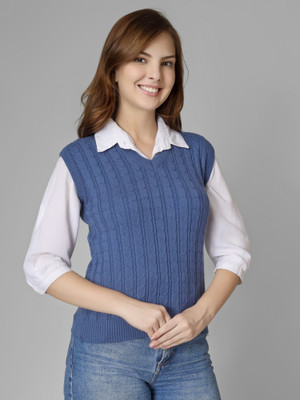 DREAMDIVA Striped V Neck Casual Women Dark Blue Sweater