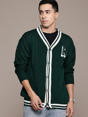 Roadster Self Design V Neck Casual Men Green Sweater