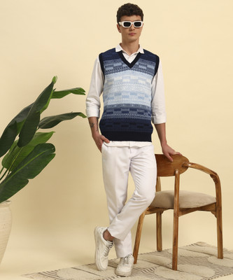 CANBLAR Colorblock V Neck Casual Men Blue Sweater