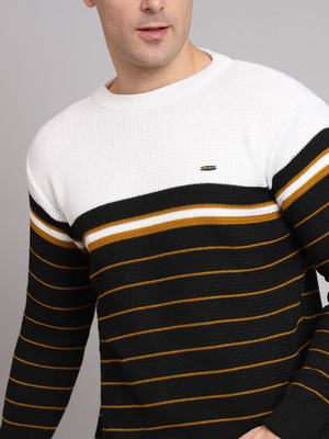 eWools Striped Round Neck Casual Men White Sweater