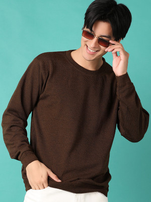 V-MART Solid Round Neck Casual Men Brown Sweater