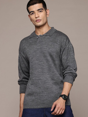 Roadster Solid Collared Neck Casual Men Grey Sweater