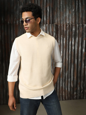 High Star Self Design Round Neck Casual Men White Sweater