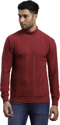TURTLE Self Design High Neck Casual Men Maroon Sweater