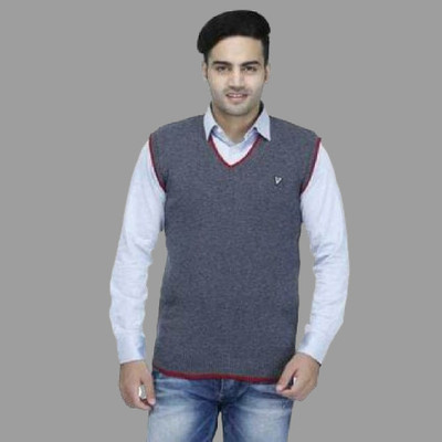 Sanzzy Solid V Neck Casual Men Grey Sweater
