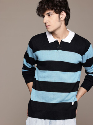 Roadster Striped Collared Neck Casual Men Blue Sweater