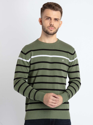 Status Quo Striped Round Neck Casual Men Green Sweater
