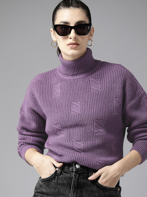 Roadster Solid Turtle Neck Casual Women Purple Sweater