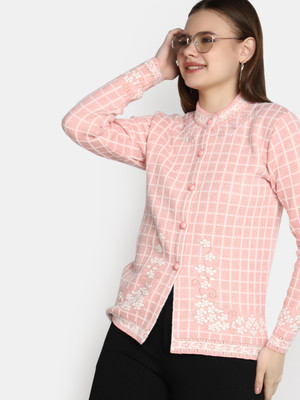 V-MART Self Design Round Neck Casual Women Pink Sweater
