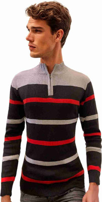 FORWARDS Striped High Neck Casual Men Grey Sweater