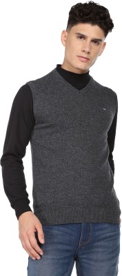 Arrow Sport Solid V Neck Casual Men Grey Sweater