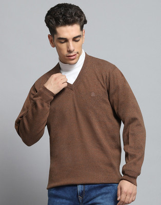 MONTE CARLO Solid V Neck Casual Men Brown Sweater