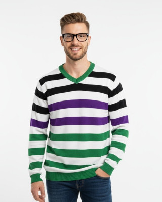 FORWARDS Striped V Neck Casual Men White Sweater