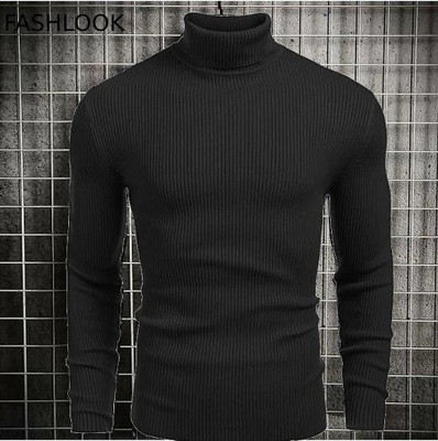HouseOfCommon Self Design High Neck Casual Men Black Sweater
