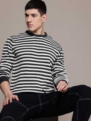 Roadster Striped Round Neck Casual Men Grey, Black Sweater