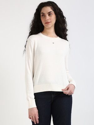 TOMMY HILFIGER Solid Round Neck Casual Women White Sweater