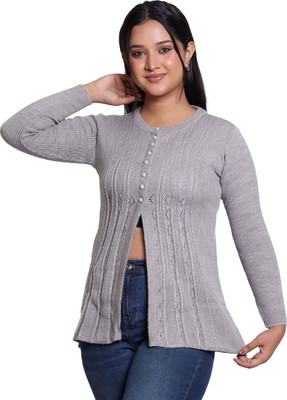 Varenyam Self Design Round Neck Casual Women Grey Sweater