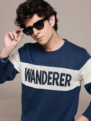 Roadster Self Design Round Neck Casual Men Blue Sweater