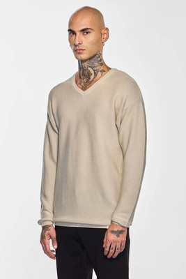 Snitch Solid V Neck Casual Men Beige Sweater