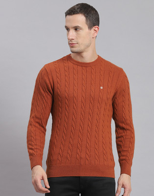 MONTE CARLO Woven Round Neck Casual Men Brown Sweater