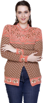 HITTIKA Geometric Print Round Neck Casual Women Pink Sweater