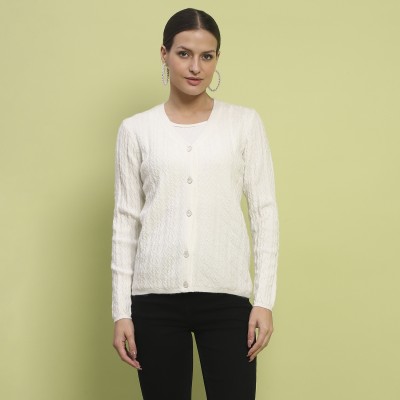 MADAME Solid V Neck Casual Women White Sweater