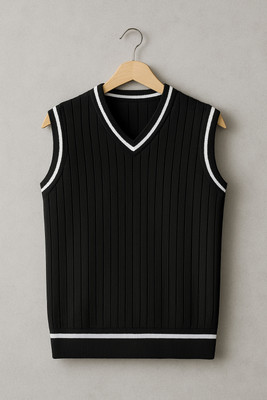 MEAVYIL Self Design V Neck Casual Men Black Sweater