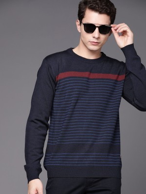 Raymond Striped Round Neck Casual Men Dark Blue Sweater