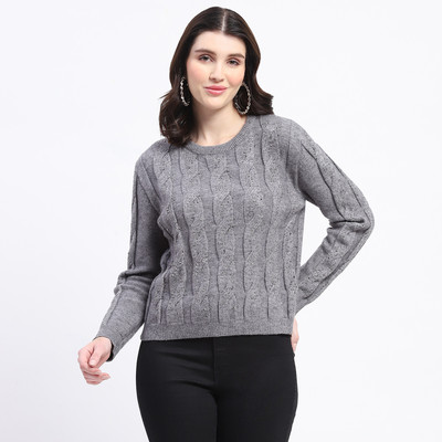 MADAME Self Design Round Neck Casual Women Grey Sweater