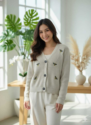 Majestic Retail Solid V Neck Casual Women Beige Sweater