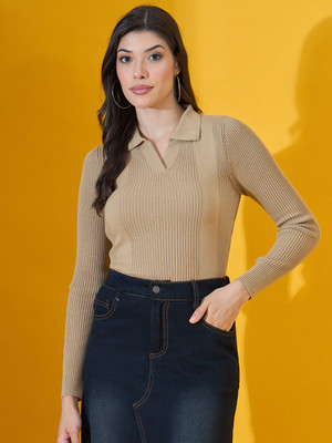 98 Degree North Self Design Collared Neck Casual Women Beige Sweater
