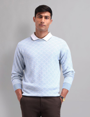 AD by Arvind Self Design Round Neck Casual Men Blue Sweater