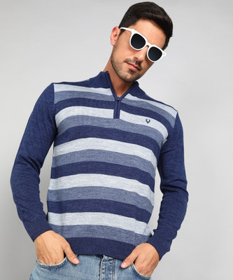 Allen Solly Striped High Neck Casual Men Blue Sweater