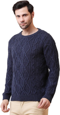 NOQUO Self Design Round Neck Casual Men Blue Sweater