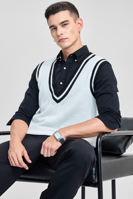 Snitch Striped V Neck Casual Men White Sweater