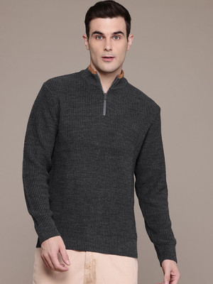 Roadster Self Design Keyhole Neck Casual Men Grey Sweater