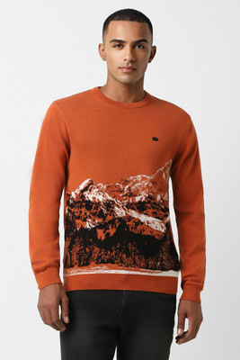 PETER ENGLAND Graphic Print Round Neck Casual Men Orange Sweater