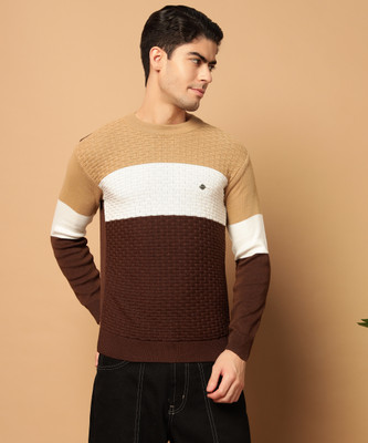 HELL BOUND Colorblock Round Neck Casual Men Brown Sweater