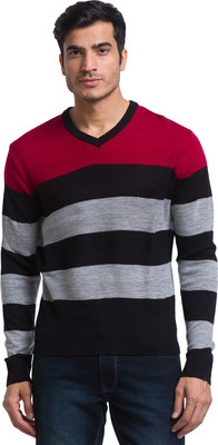 PARX Striped V Neck Casual Men Red Sweater