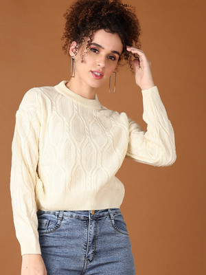 V-MART Self Design Round Neck Casual Women Beige Sweater