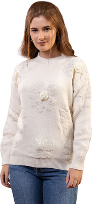 GFO Floral Print Round Neck Casual Women White Sweater