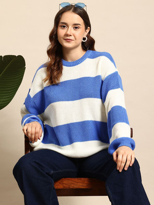 Mast & Harbour Self Design Round Neck Casual Women White, Blue Sweater